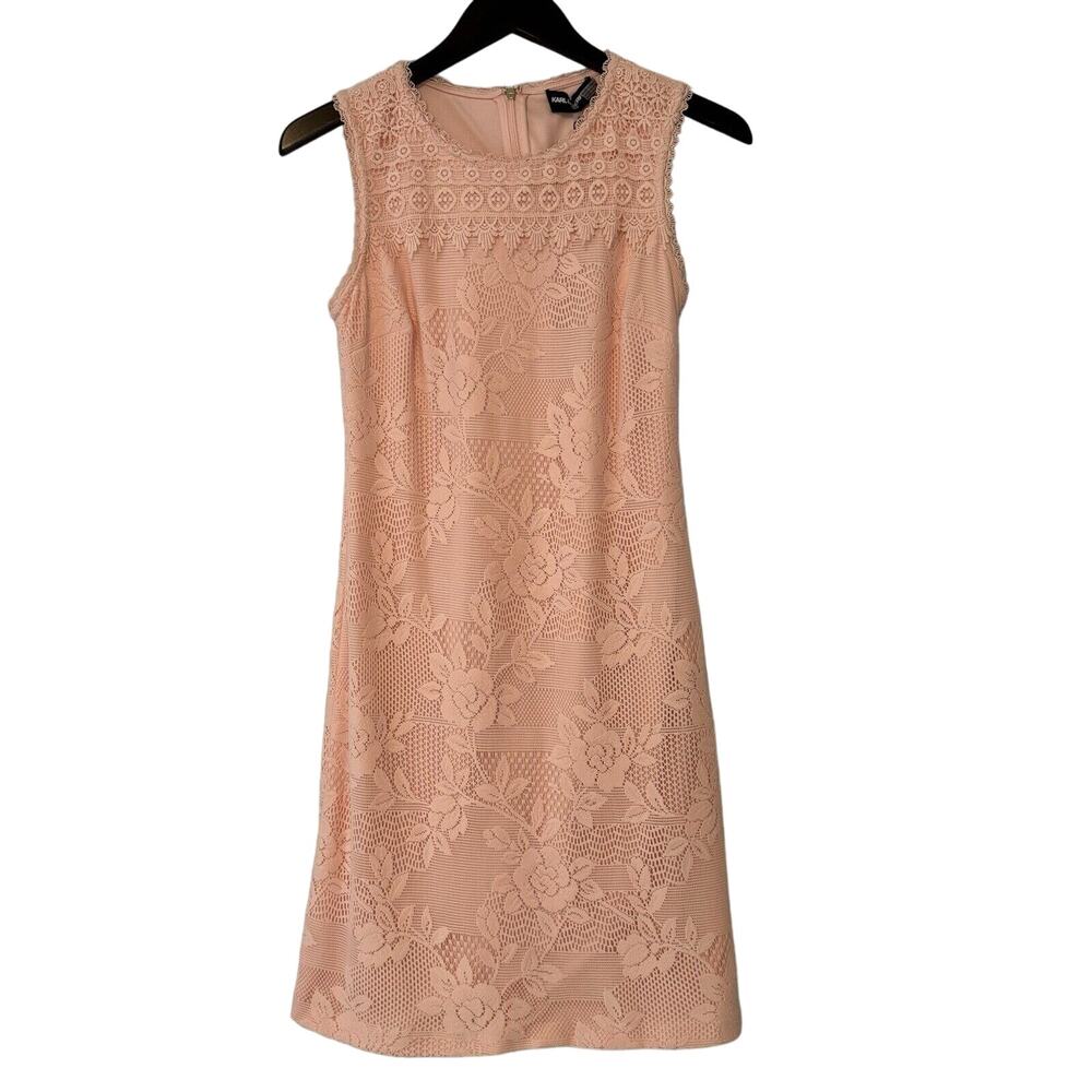 Karl Lagerfeld Size 4 Women's Peach Pink Sleeveless Lace Shift Dress Floral NWT